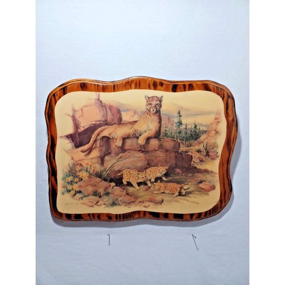 VTG Albert Micale Decoupage Mom Mountain Lion & Cubs 17x13 Cougar Puma Art